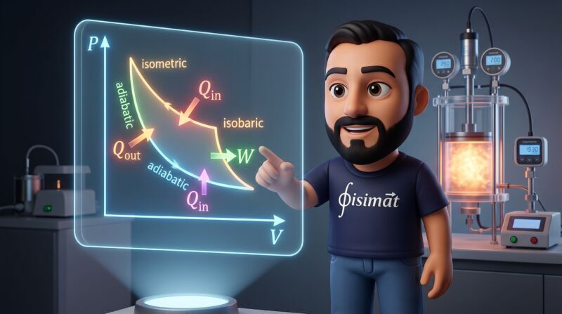 Ing. Carlos Julián explicando la Primera Ley de la Termodinámica y el trabajo en diagramas P-V en Fisimat 3D